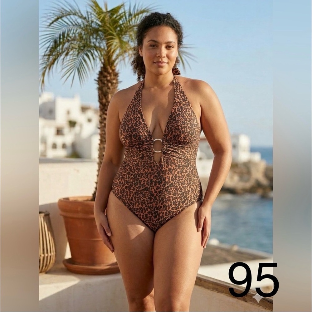 Kona Sol Brown Leopard Halter One-Piece Swimsuit
